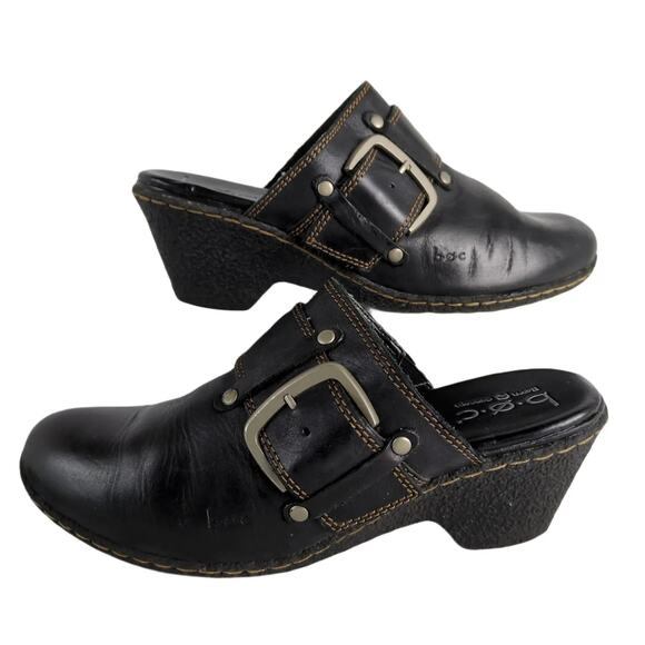 Born BOC Women's 7 Black Leather Slip-On Heeled Mules Clogs Shoes Buckle Boho - Picture 1 of 10